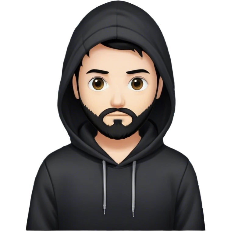 hackeur blanc cheveux noir barbe et capuche noir à côté d'un server ia emoji