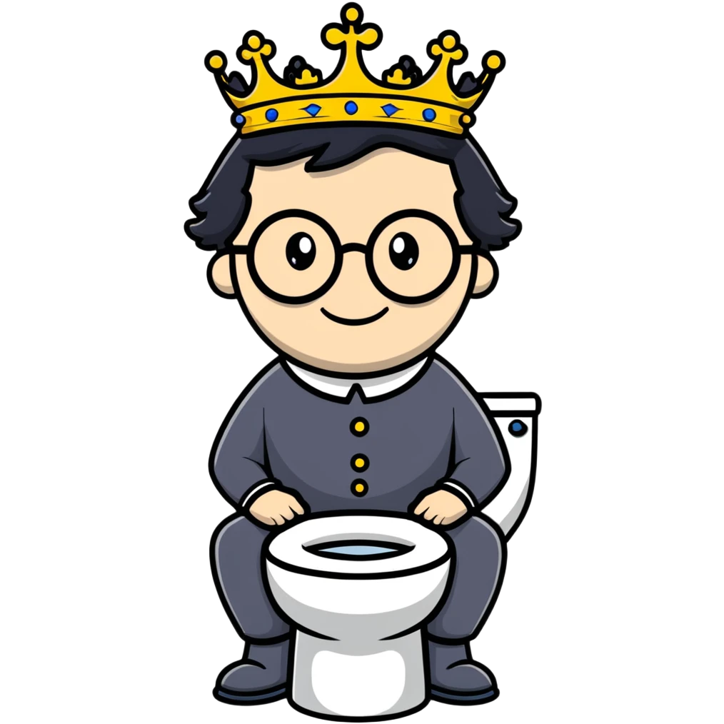 King Charles III with crown sitting on a toilet, wearing round glasses and black hair emoji