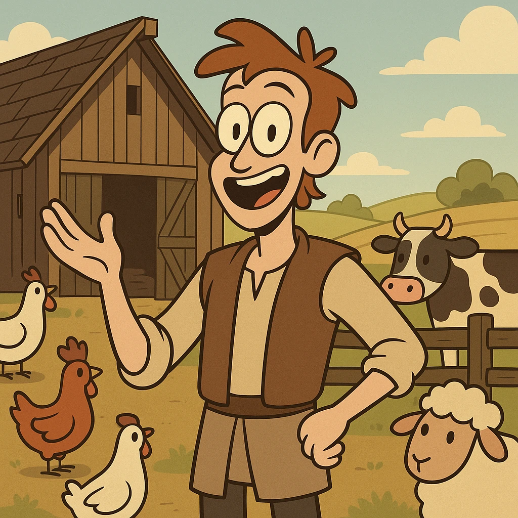 medieval farm cartoon style, wooden barn, farm animals, field scenery, cheerful atmosphere emoji
