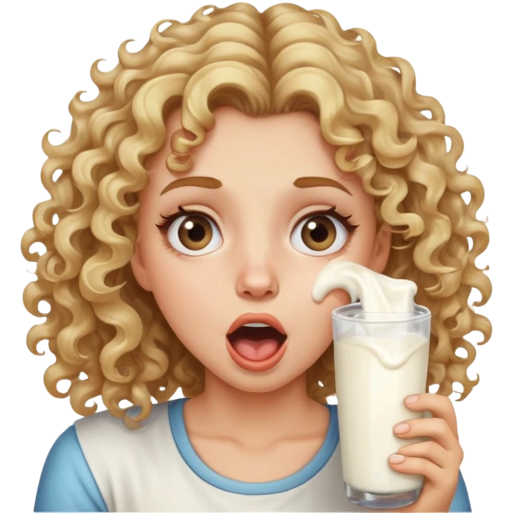 Girl with dirty blonde highlights on the end hair curly rolling her eyes all the way back with her mouth open and milk on her cheeks emoji