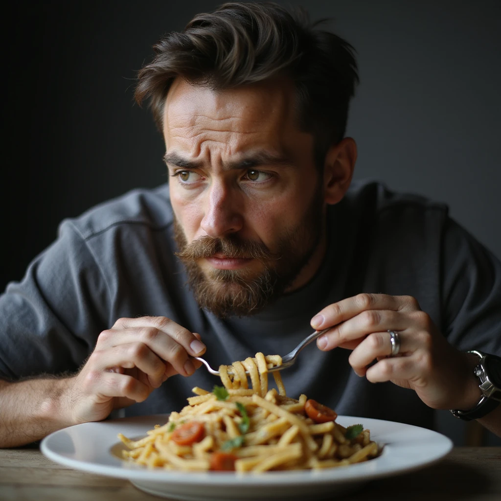 uomo di circa 20 anni, triste, che mangia un piatto di pasta, espressione triste, iperrealismo 4K, variazione 7 emoji