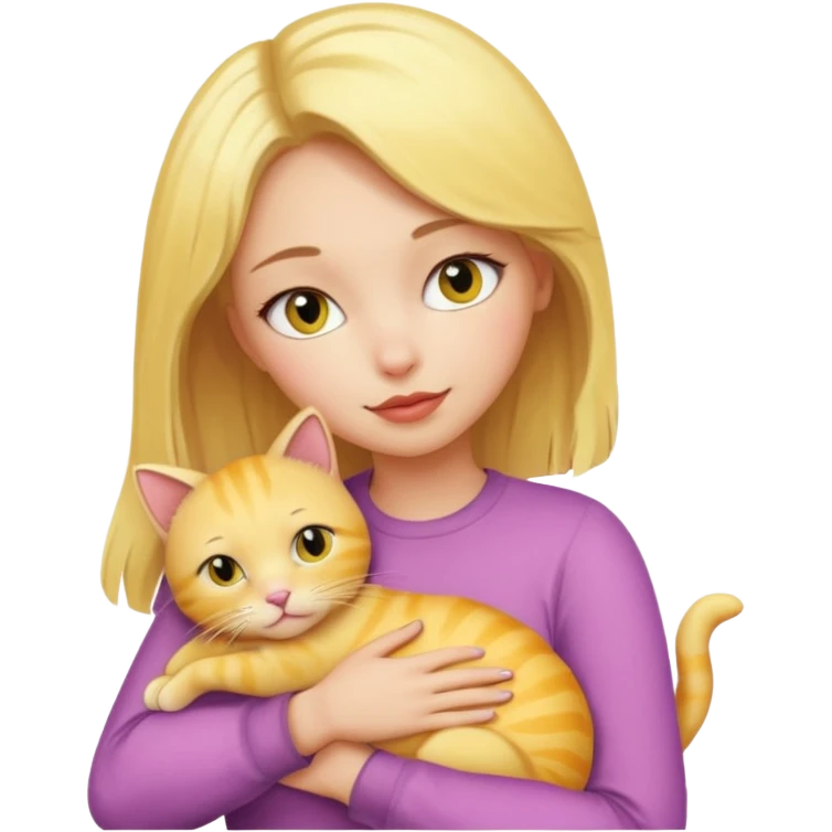 Sarışın elinde kedi olan ve hafif ruj ve rimel sürmüş sarı kedisine sarılan bir kız emoji