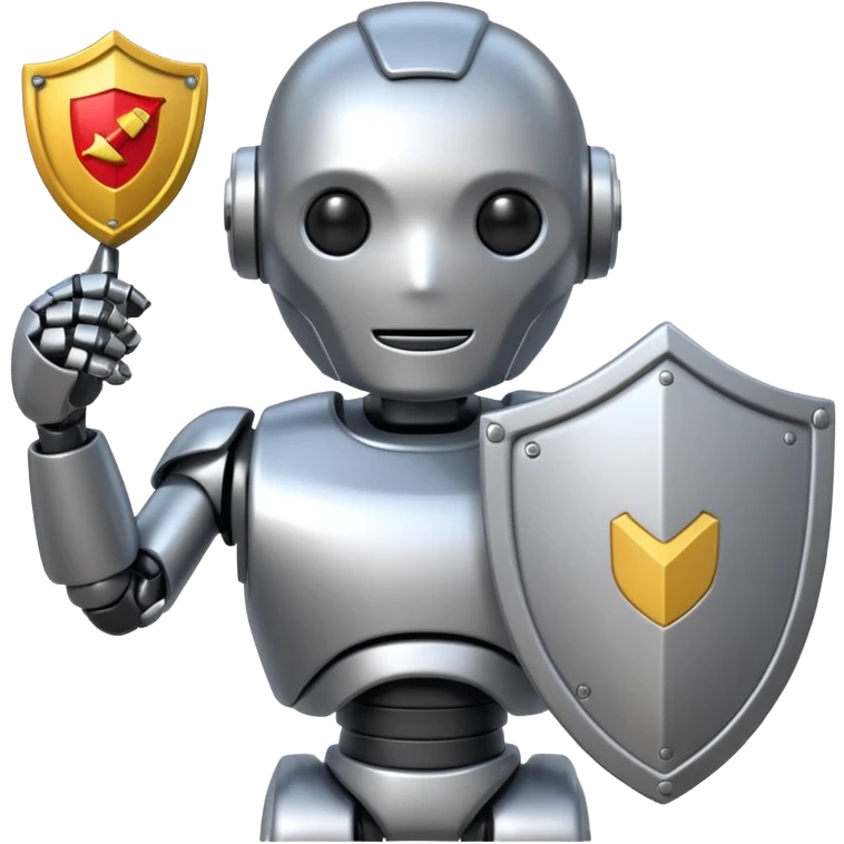 robotic email bouncer agent metallic holding a shield with 'No Spam' in front of an inbox emoji emoji