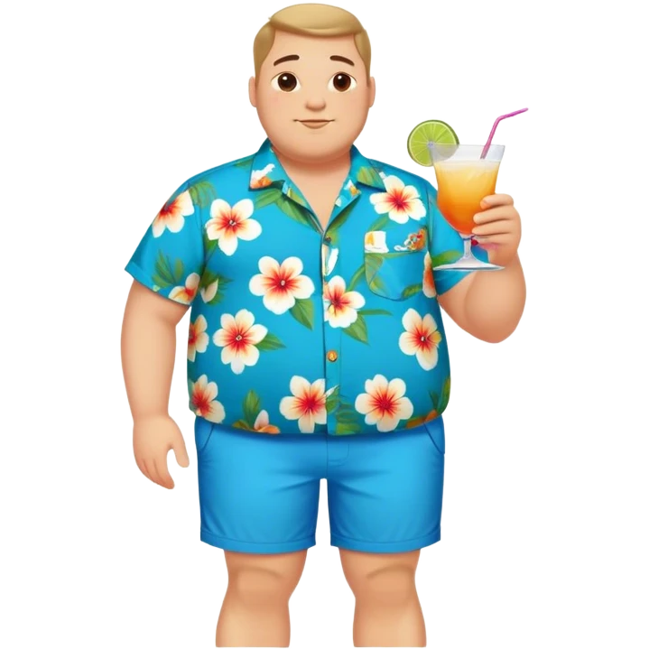 chubby guy full figure in a flowered azure havai shirt, brown shorts and flippers holding a cocktail emoji