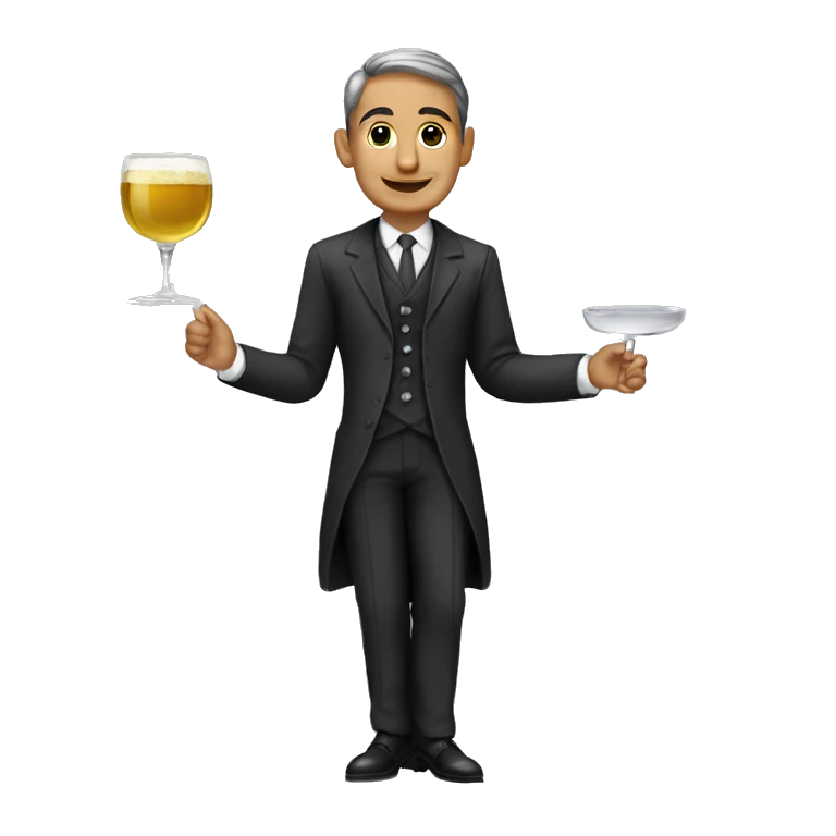 Mesero moreno con bandeja y copas y traje elegante emoji