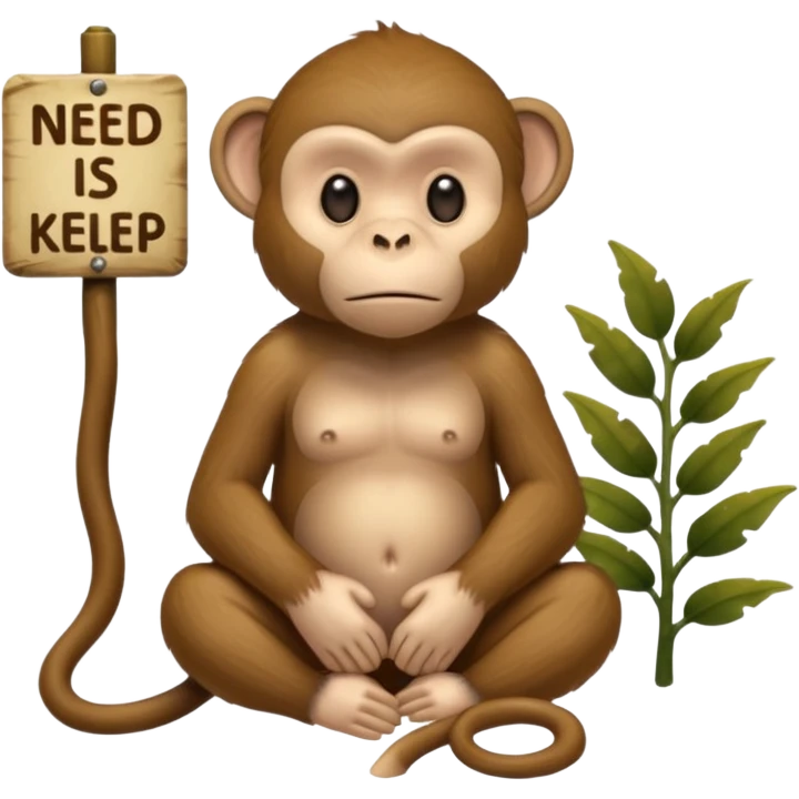 Sad Monkey sitting beside a 'ned kelp 🥺' sign, emoji