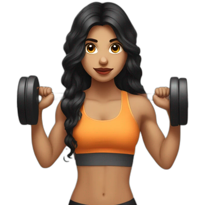 A think Indian girl with long black wavy hair, big lips and eyes, and fair skin, lifting weights at the gym emoji