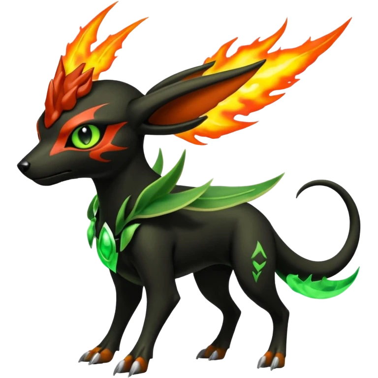 Futuristic volcanic elemental badass cool tough evil Houndoom-Bayleaf-Celebi-Pokémon-Fakémon-hybrid-creature emoji