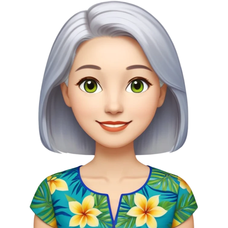 A woman with light complexion, oval face with soft rounded features, full cheeks, gentle almond-shaped eyes with subtle smile lines, longer back length silver-gray hair parted to the side, wearing a vibrant short-sleeved blouse with tropical print in blue, green, and yellow, exuding warmth and joy. emoji