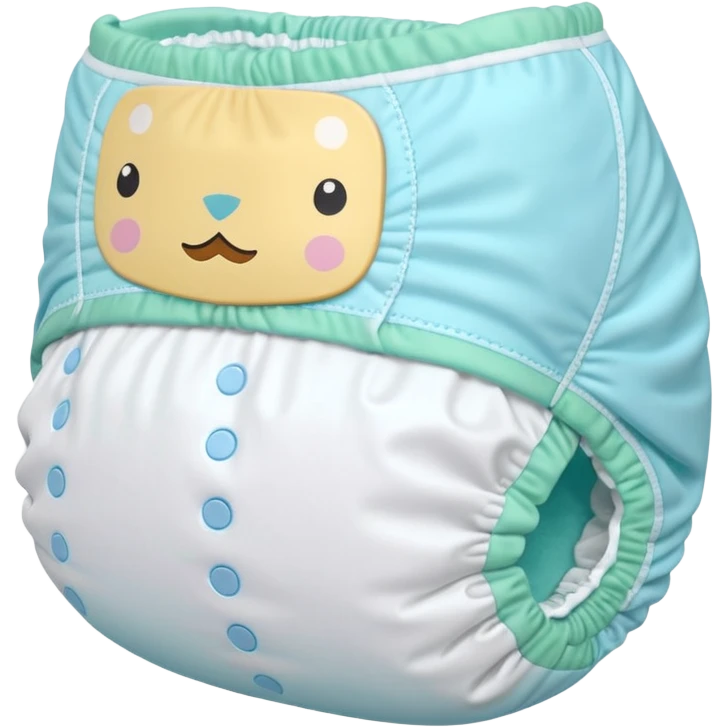 single disposable diaper, softly curved and puffed, white material with subtle pastel blue-green edges, elastic leg bands, folded sides, no baby or accessories, soft lighting, subtle shadows, emoji scale emoji