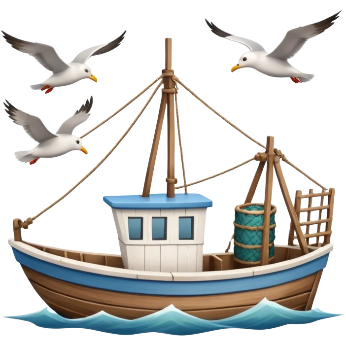 Design a small fishing boat with nets & seagulls around it. emoji