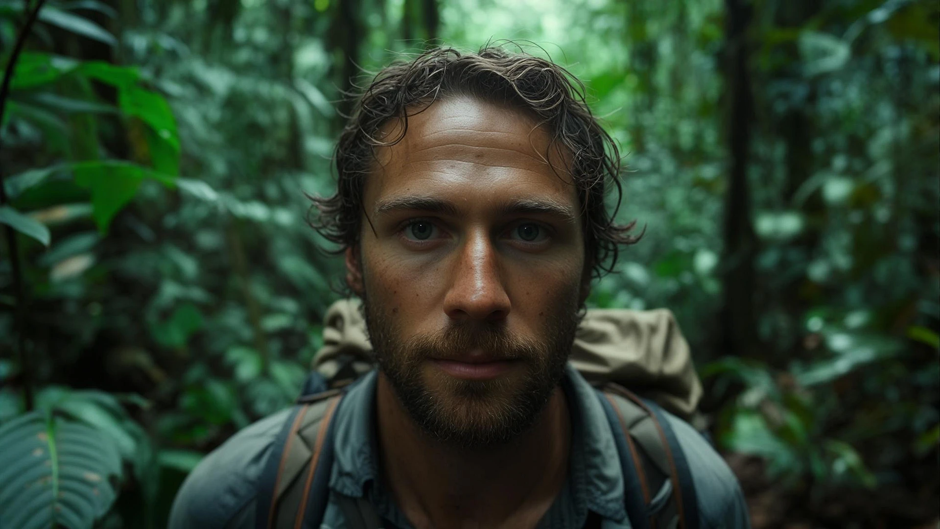 cinematic still, documentary photography, amazon jungle, well lit scene, man is exploring the jungle, close up, front shot, rule of thirds emoji