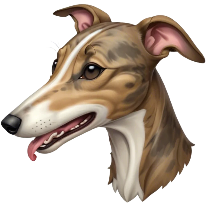 Cinematic Cute Yawning Brindle Greyhound Portrait Emoji, Head tilted slightly with a dramatic, wide-open yawn, showcasing a smooth brindle Fur with a refined pattern, floppy ears slightly drooping, round eyes barely open in drowsy contentment, Simplified yet irresistibly adorable features, highly detailed, glowing with a soft, cozy glow, high shine, relaxed yet expressive, stylized with a touch of whimsy, bright and endearing, soft glowing outline, capturing the essence of a sleepy yet affectionate racer, so drowsy it feels like it could stretch out of the screen and curl up for a nap! emoji