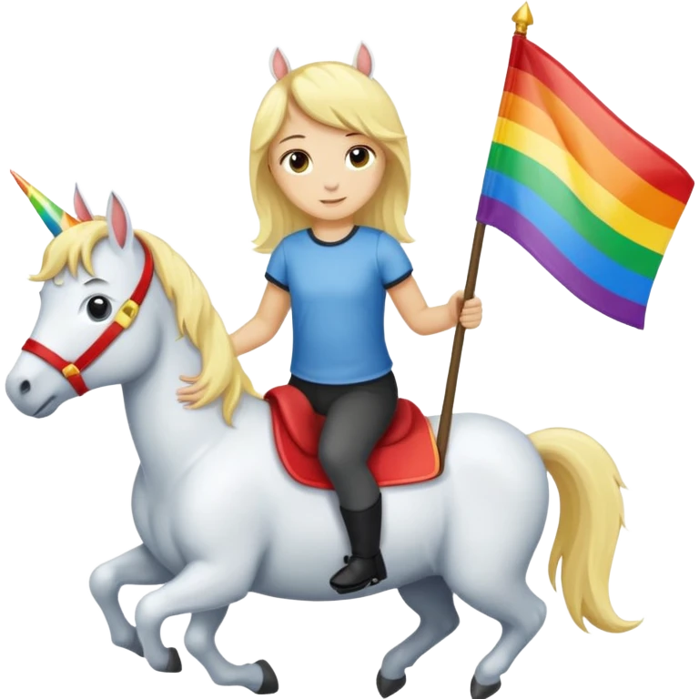 Ein blondes Mädchen mit gay Flagge was auf Einhorn reitet neben Ein junge mit schwarzen Haaren das auch auf Pferd reitet emoji