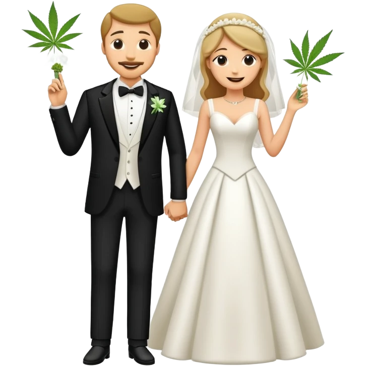 Full body view of bride in white dress and groom in tuxedo sharing a cannabis joint, cheerful cartoon wedding couple standing together emoji