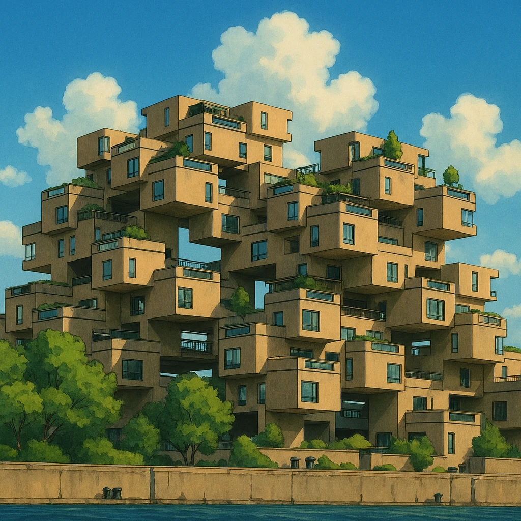 Habitat 67 building in Montreal, ghibli style emoji