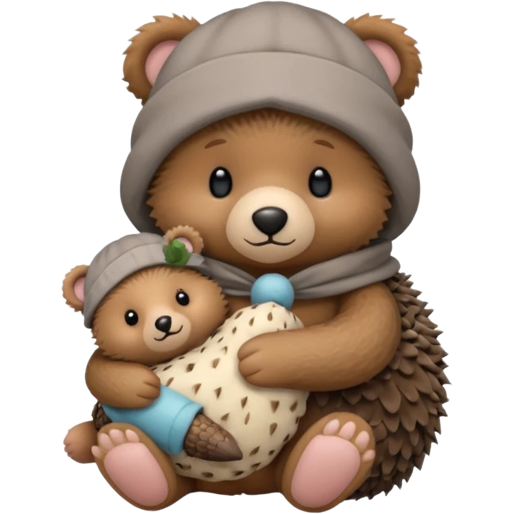 create a picture of a teddy bear holding a stuffed hedgehog in a sleep cap in front of him emoji