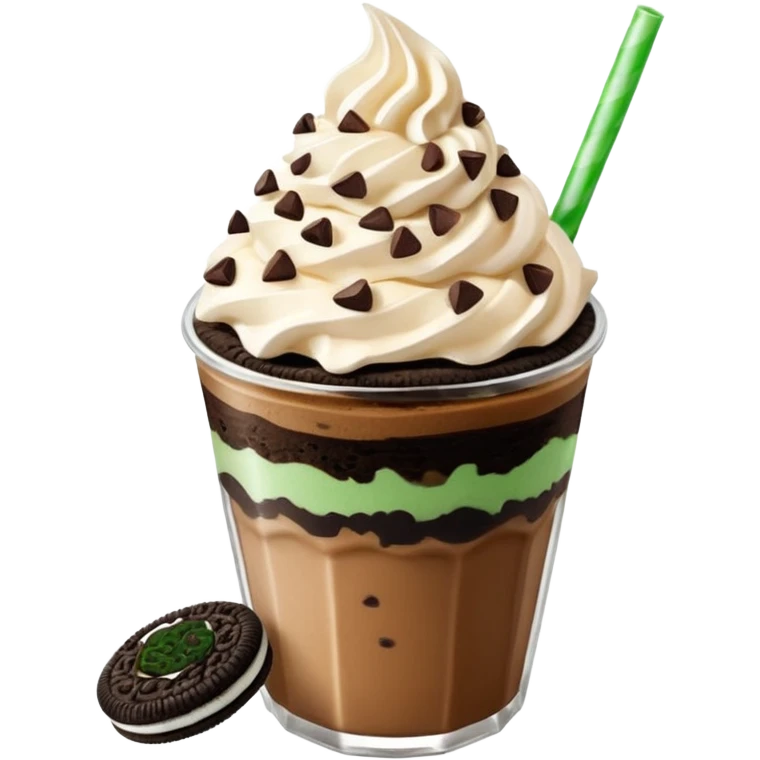 Vaso de vidrio con Frappé color café, crema en la parte superior con popote verde insertado en la crema, agregar encima de la crema chispas de chocolate y una galleta redonda color café oscuro tipo Oreo. emoji