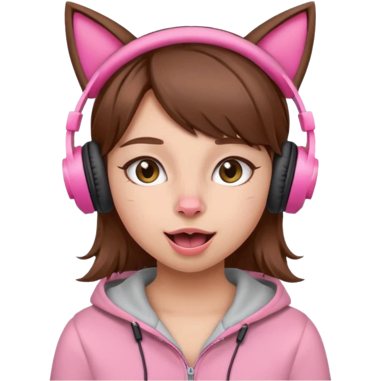 une fille avec des écouteursde chat rose et des cheveux brun qui fais une grimasse emoji