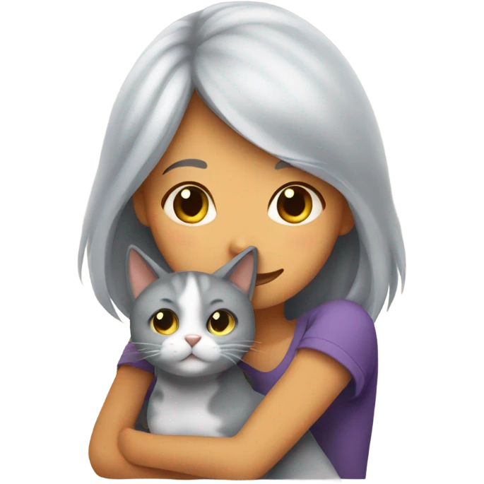 A girl with gray hair hugs a canine cat emoji
