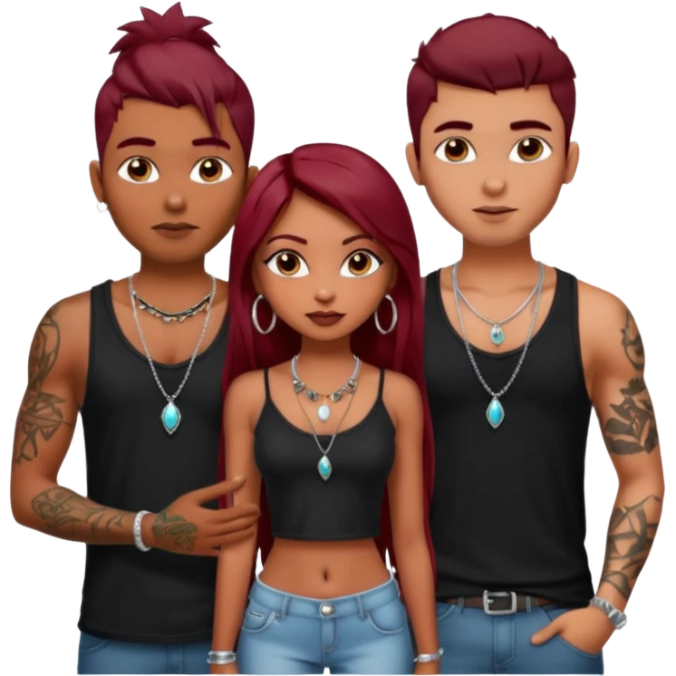 a pretty bratz fair indian girl with dark red straight hair, black cami top, silver dainty necklaces, rings, hoops, tattoos standing with two handsome lean but muscled guys emoji