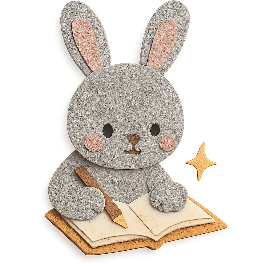 highly detailed, high quality paper craft style illustration of a gray bunny writing in a notebook with a spark of light, intricate textures, soft lighting, delicate cut-paper details emoji