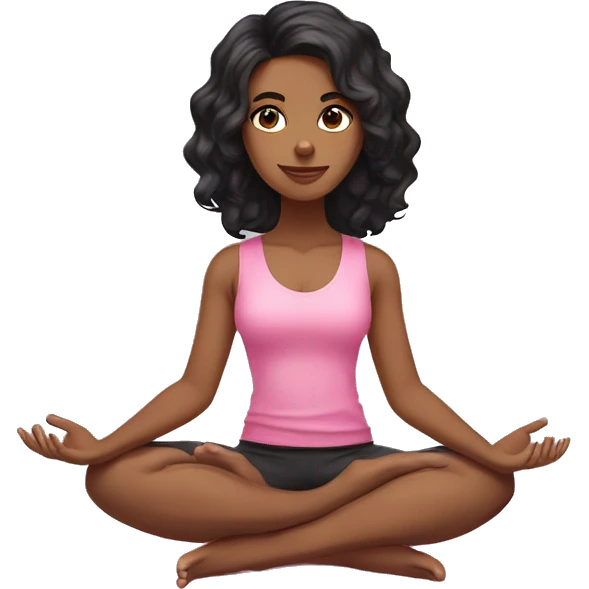 Long wavy BLACK hair LIGHT SKIN DARK BROWN EYES yoga girl wearing pink sitting on yoga mat emoji