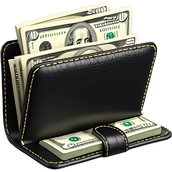 Rich emoji style black leather wallet with dollar bills, luxury money vibe, premium 3D emoji, ultra clean, high detail, no background
 emoji