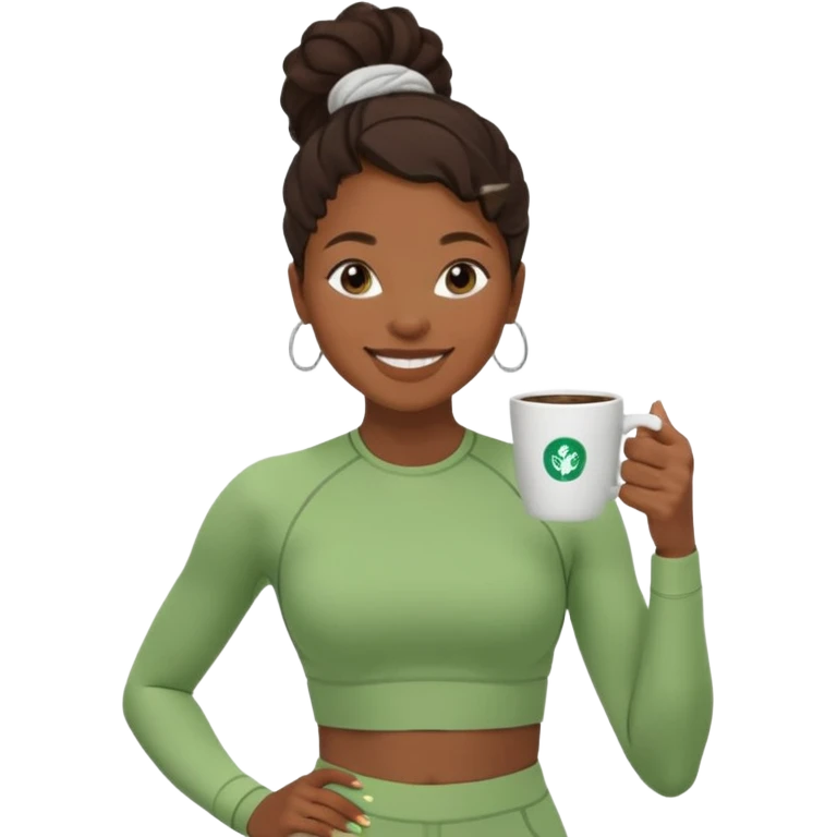 A black woman drinking a coffee dressed in a Lululemon co-ord green fit emoji