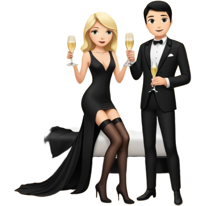 Blonde woman, black, Long, tight, sleveless Dress, Slot left Leg, stockings, man, DARK Hair, in Dinner jacket, Background bedroom, drinking champaign emoji