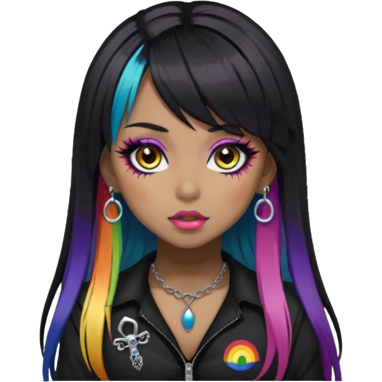 hime gyaru girl,  brown skin long black hair with rainbow fringe, tattoos, dark makeup, goth grunge clothes emoji
