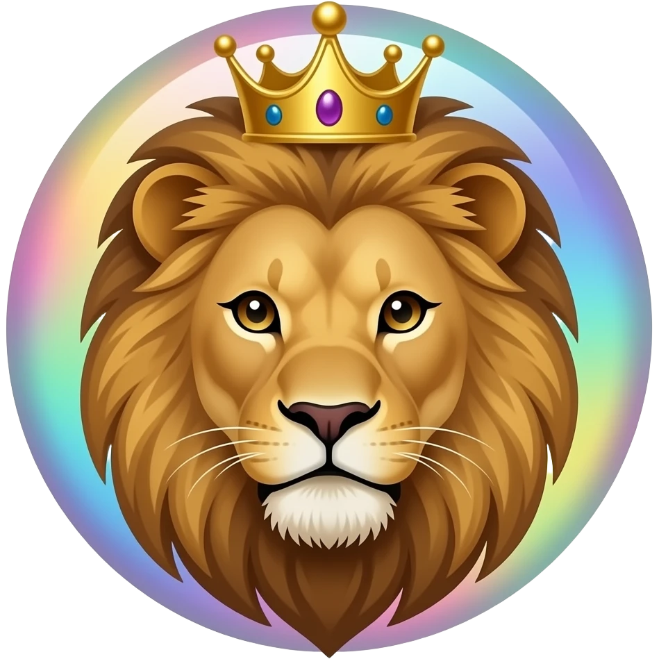Cara de un leon real con una corona y el fondo tornasol emoji