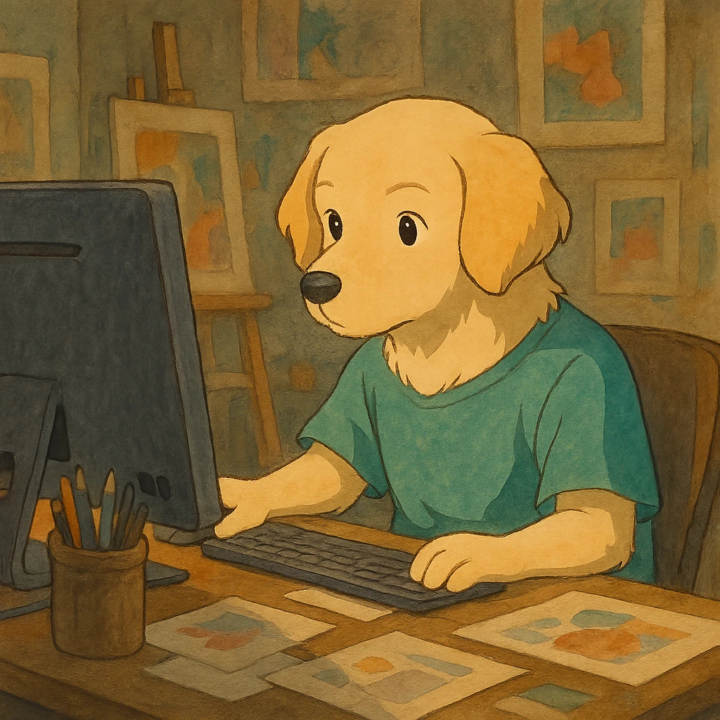 ghibli style light dog graphic designer, focused at a computer, artistic atmosphere emoji