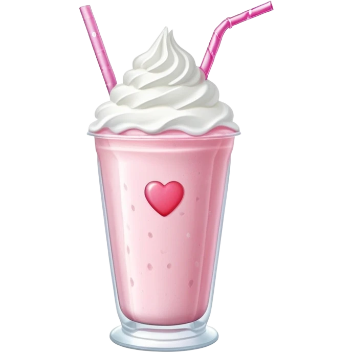 A cute pink strawberry milkshake in a glass cup with a heart-shaped straw, whipped cream on top, pink sparkles. emoji
