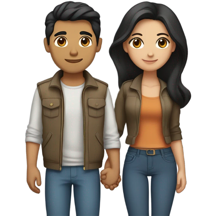 a couple holding hands. the guy has black middle part hair and is Persian and Filipino mix, wearing a jacket. the girl has brown hair white and asian mix, wearing a crop top. emoji