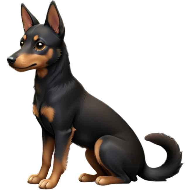 cinematic-[australian kelpie]-detailed realistic-full-body-sitting-emoji,-tail-resting-loosely-beside-its-paws,-head-tilted-dramatically, -sleek-[Black and tan]-fur,-simplified-yet-realistic-focused-features,-highly-detailed,-glowing-with-an-almost-sarcastic-glow emoji