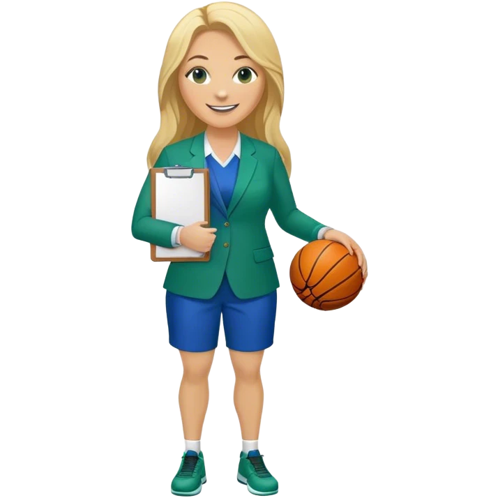 Full Body white plus size female basketball head coach using a clipboard with long blonde hair in a blue and green suit smiling with basketball and clipboard emoji