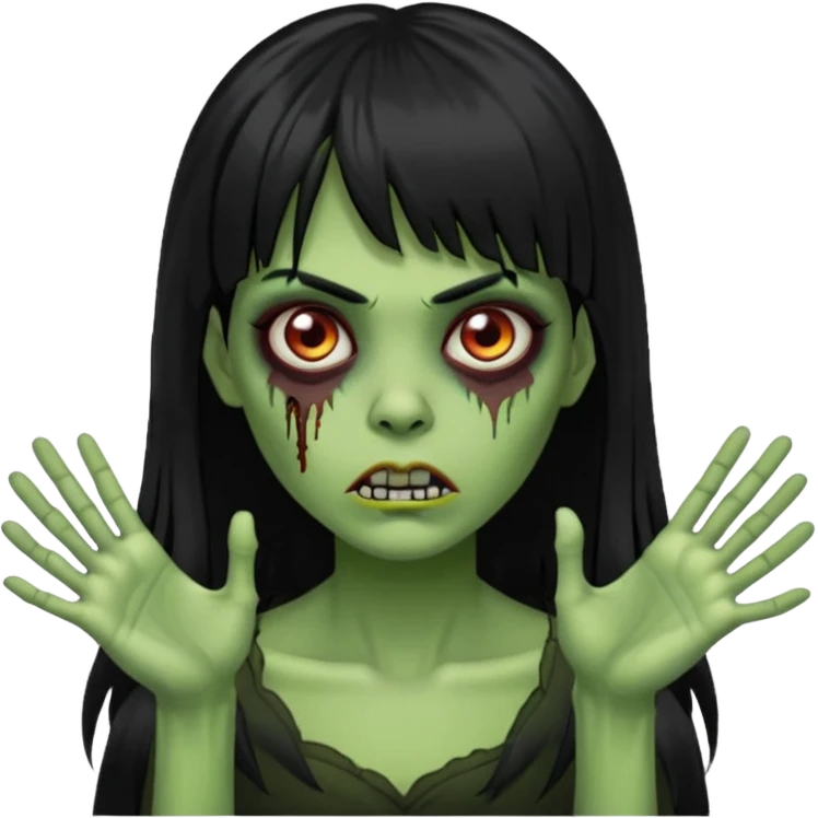mulher zombie verde com cabelos pretos longos e franja com as mãos para frente igual um zombie emoji