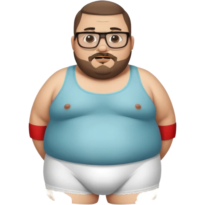A full body standing, morbidly obese, fat, shirtless mexican guy in his white underwear , with a short buzzcut, a beard, and glasses thats drooling stupidly emoji