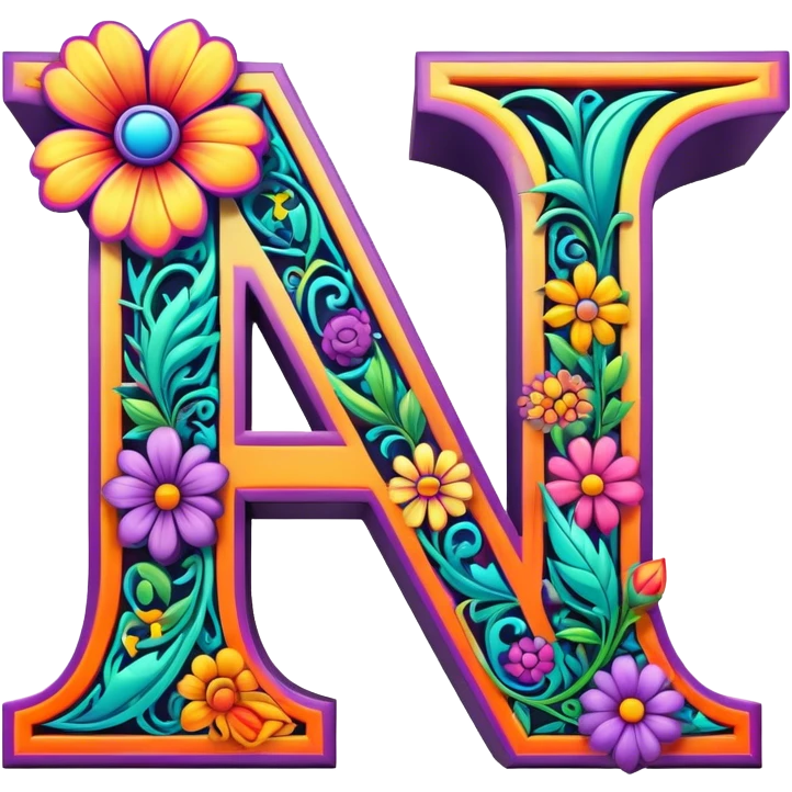 3D, gothic style psychedelic colored capital Letter N with hippie style flower border emoji