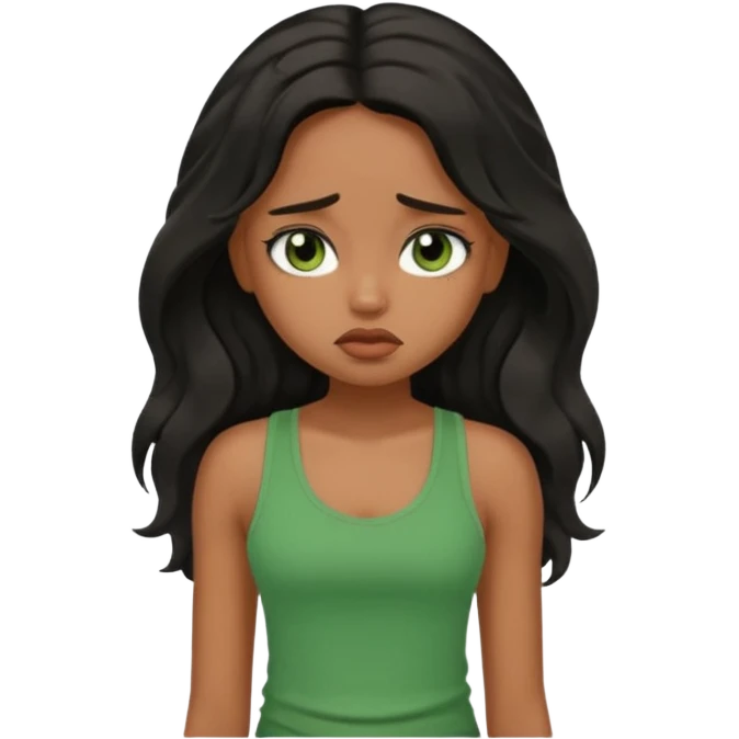 a pretty bratz brown girl with long wavy black color hair, brown eyes and green tank who is depressed and sad emoji