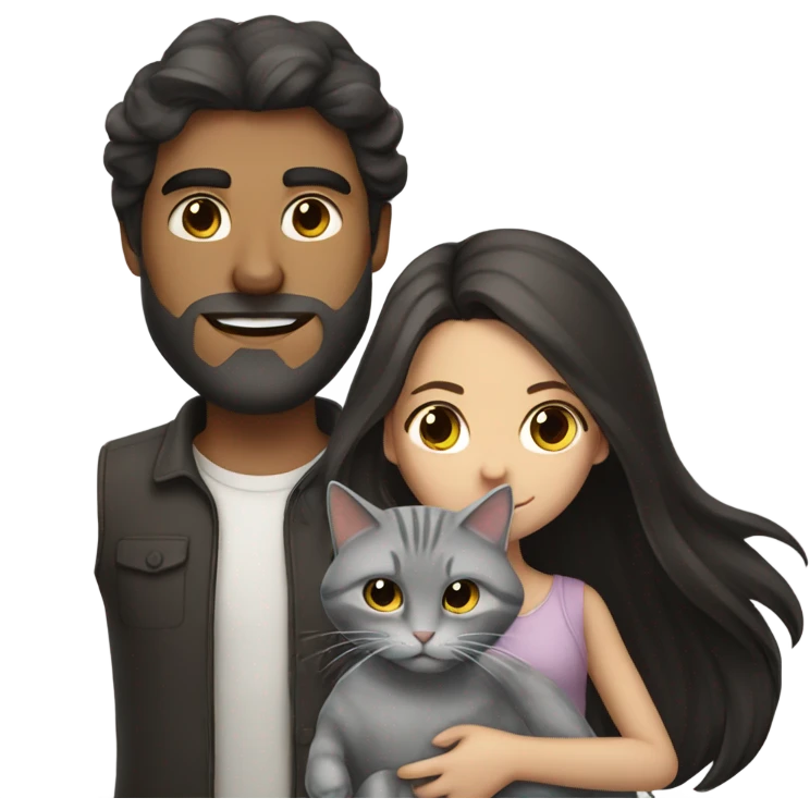 man with long dark hair and brunette girl with grey cat in her arms emoji