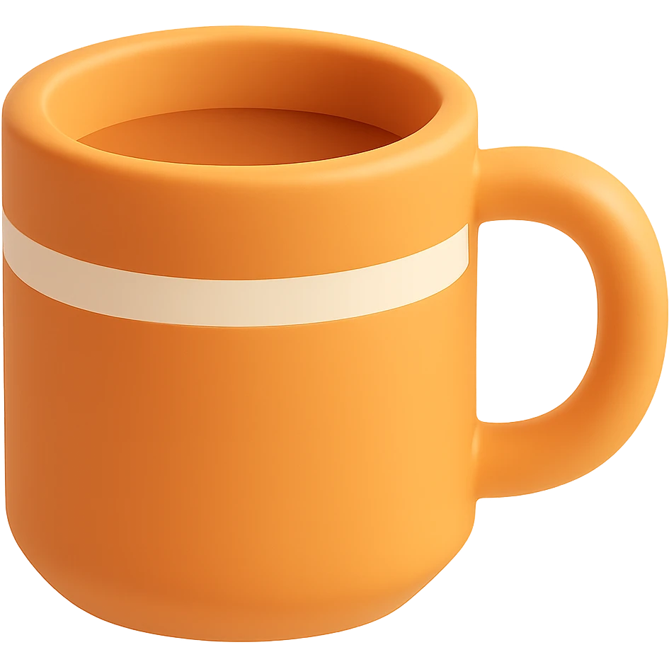 Add a 3D orange coffee cup to the scene with the male employee at a desk surrounded by paperwork, keeping the 3D Orange style and no background. emoji