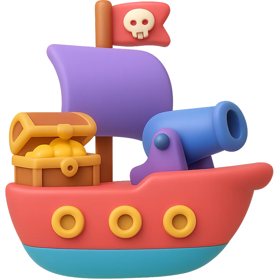 A colorful pirate ship with treasure chest and cannon emoji