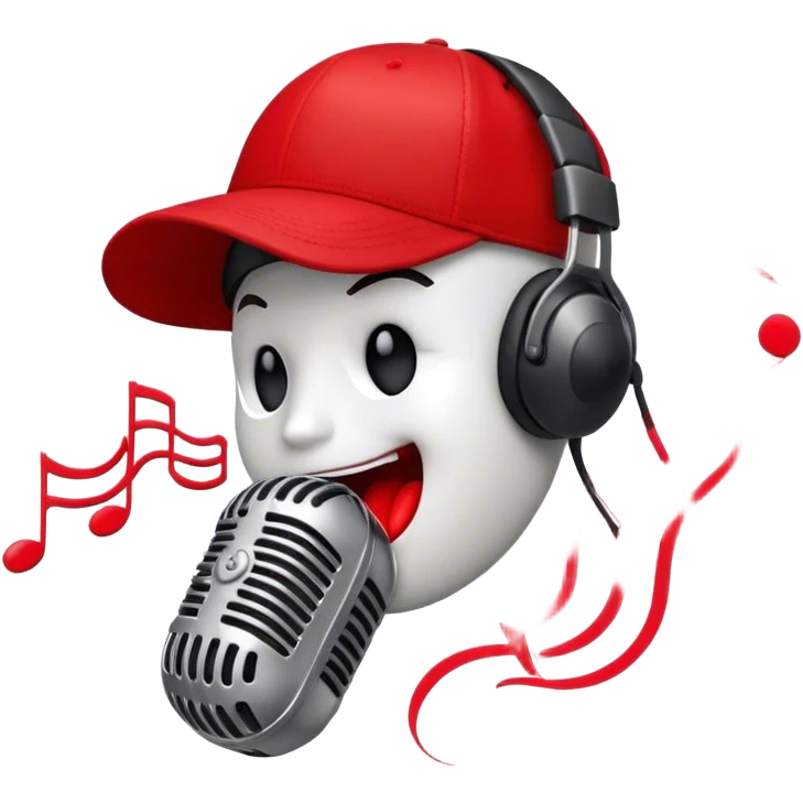 Create a dynamic and energetic emoji that represents beatboxing. The design should feature a stylized microphone with lips and baseball cap on it, sound waves emanating from it , symbolizing vocal percussion and rhythm. Add elements like headphones or a subtle speaker to emphasize the music production aspect. Use bold colors like black, white, and red to convey the intensity and creativity of beatboxing. The background should be transparent. emoji