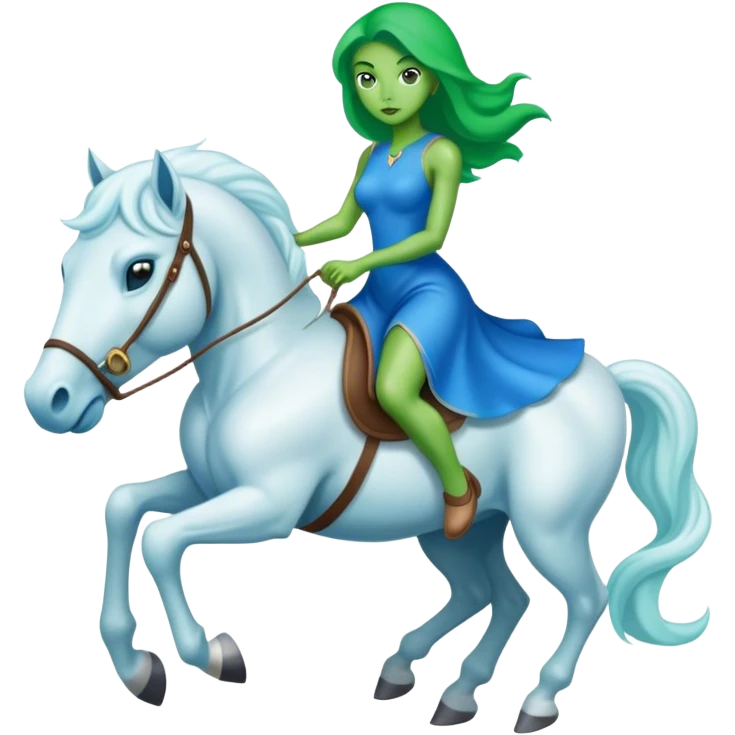green alien woman in blue dress rides a white stallion emoji