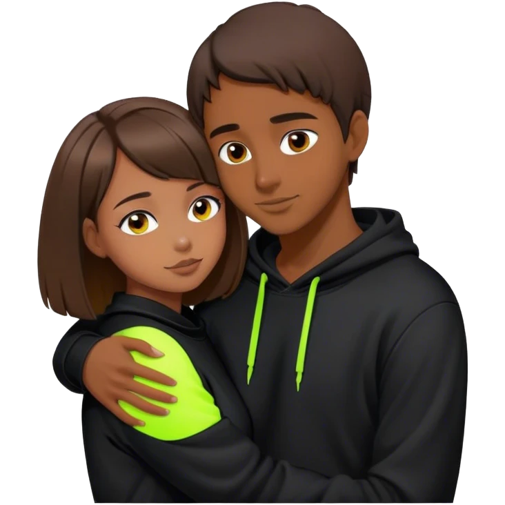 cyberpunk a girl with brown hair, a bob haircut, hugs a guy by the neck, both in black hoodies with neon emoji