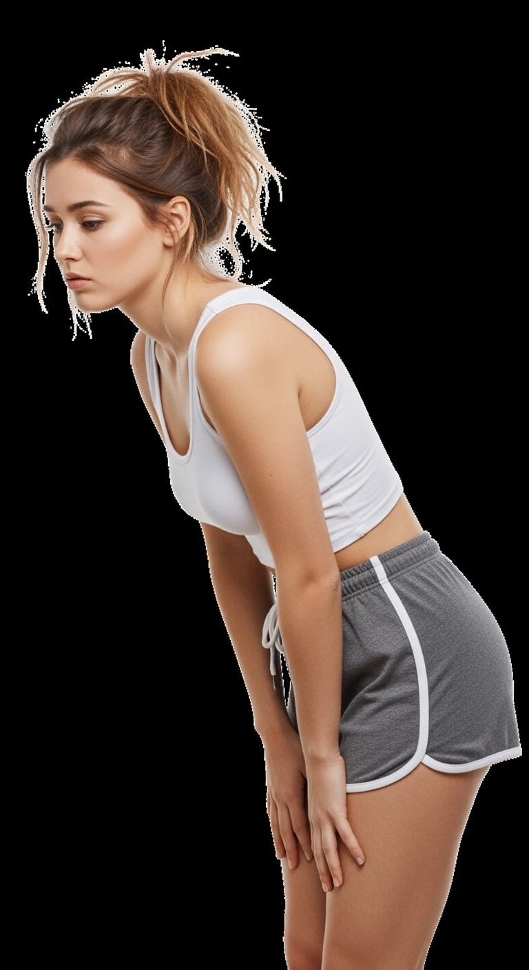 donna giovane con cellulite in gym short leggermente piegata in avanti, con espressione dispiaciuta in volto isolata su sfondo bianco emoji