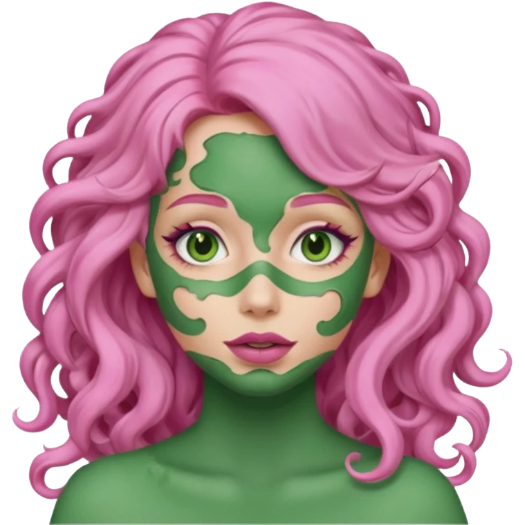pink haired very long curly haired woman with full full face green clay mask emoji