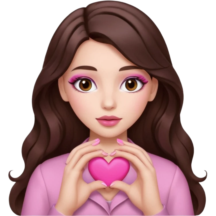 Pink and brown emoji, love emoji inspired with brunette hair, brown eyes, long hair, heart shape lips and pink make up making a heart with her hands and pink nails, mauve pink blush emoji